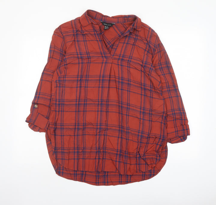 New Look Womens Red Plaid Viscose Basic Blouse Size 8 Collared