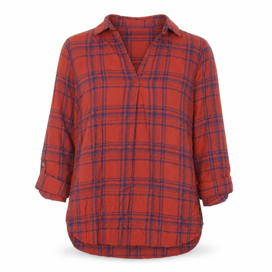 Front view of New Look women’s red plaid viscose basic blouse, size UK 8, collared