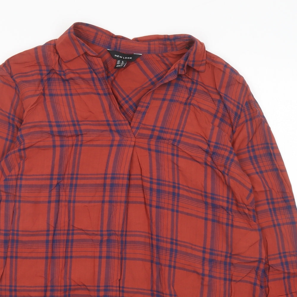 New Look Womens Red Plaid Viscose Basic Blouse Size 8 Collared