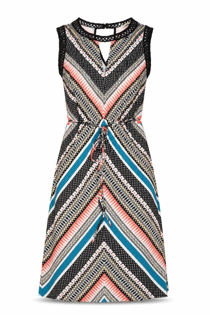 Front view of Oasis women’s multicoloured geometric viscose a-line, size S, round neck pullover