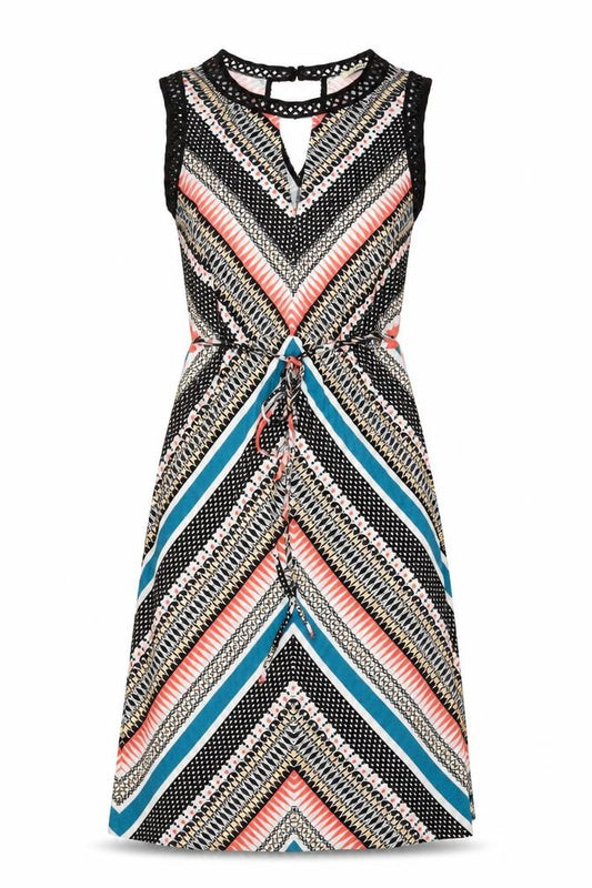 Front view of Oasis women’s multicoloured geometric viscose a-line, size S, round neck pullover