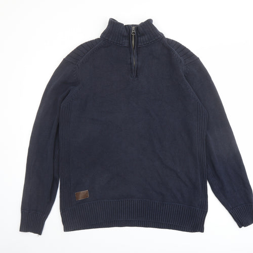NEXT Mens Blue High Neck Cotton Henley Jumper Size L Long Sleeve