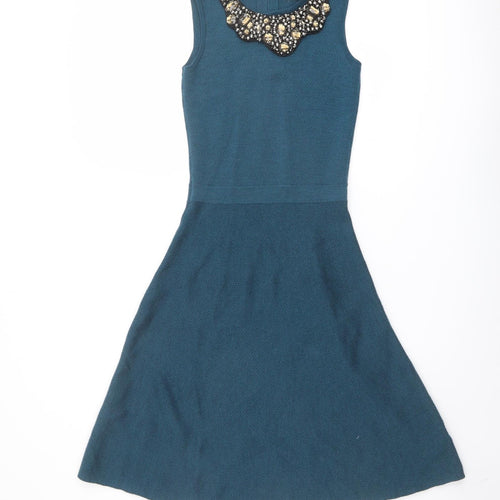 Clements Ribeiro Womens Blue Wool Skater Dress Size XS Boat Neck Zip - Embellished Neckline