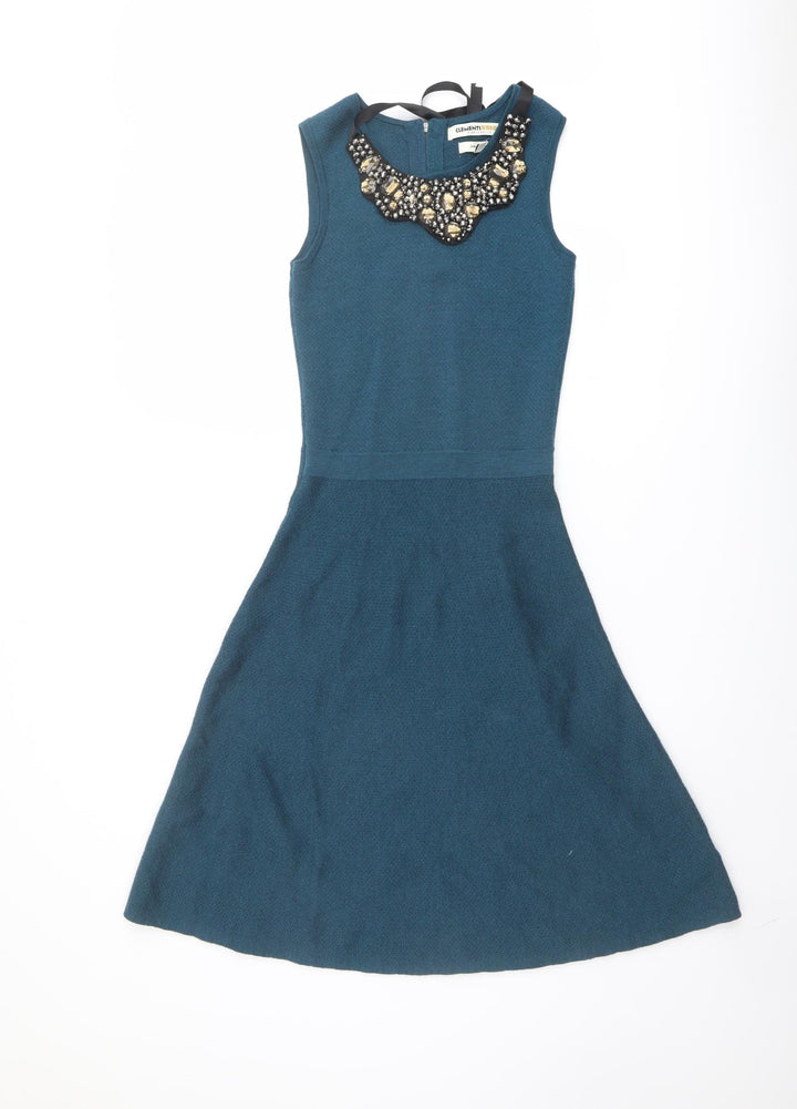 Clements Ribeiro Womens Blue Wool Skater Dress Size XS Boat Neck Zip - Embellished Neckline