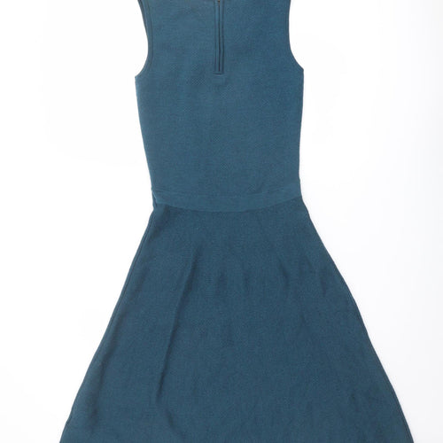 Clements Ribeiro Womens Blue Wool Skater Dress Size XS Boat Neck Zip - Embellished Neckline