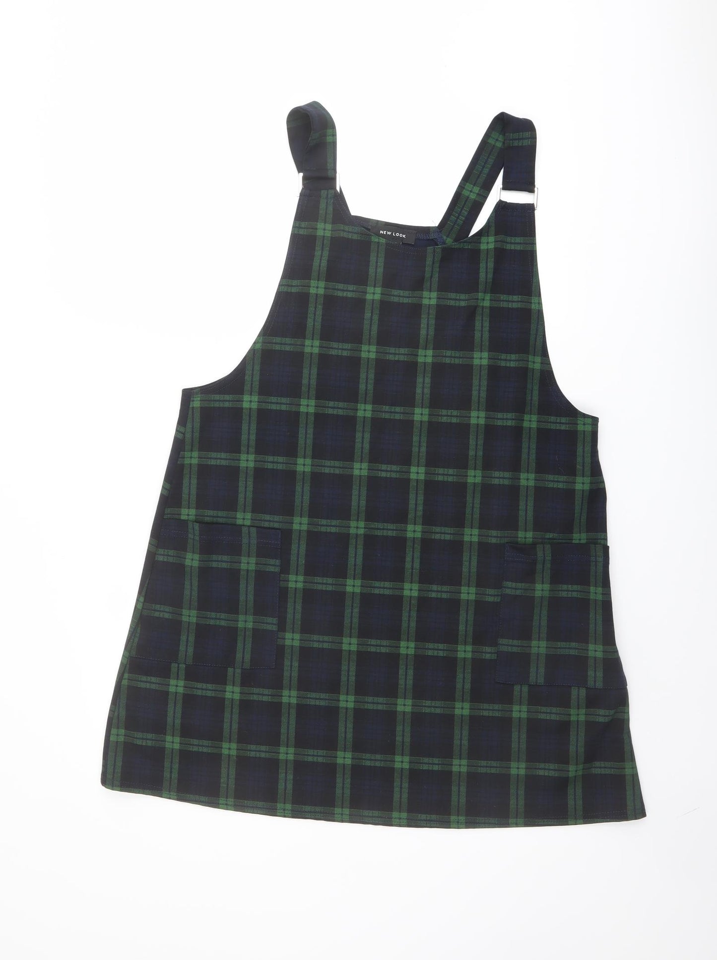New Look Womens Green Plaid Polyester Pinafore/Dungaree Dress Size 14 Square Neck Pullover