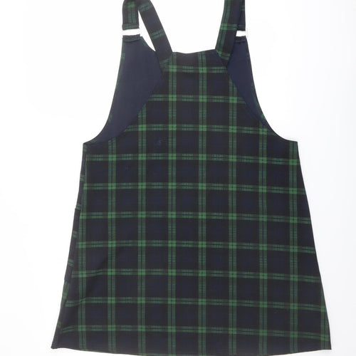 New Look Womens Green Plaid Polyester Pinafore/Dungaree Dress Size 14 Square Neck Pullover