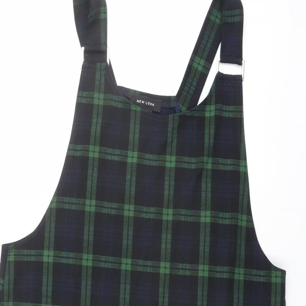 New Look Womens Green Plaid Polyester Pinafore/Dungaree Dress Size 14 Square Neck Pullover