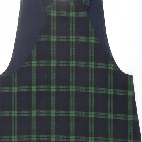 New Look Womens Green Plaid Polyester Pinafore/Dungaree Dress Size 14 Square Neck Pullover