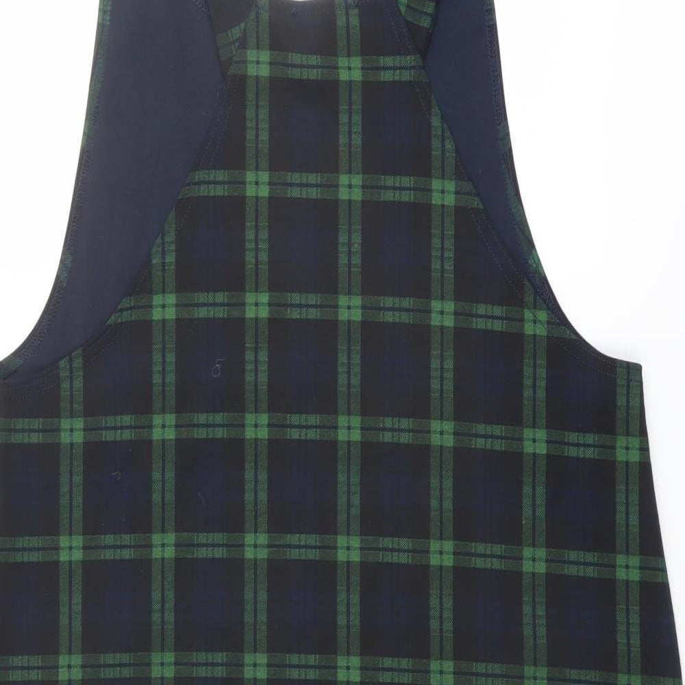 New Look Womens Green Plaid Polyester Pinafore/Dungaree Dress Size 14 Square Neck Pullover