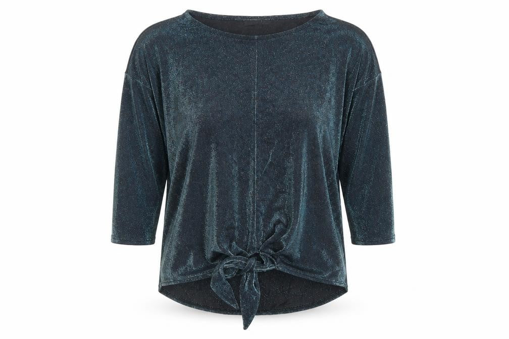 Front view of Principles women’s blue nylon basic blouse, size UK 10, boat neck - tie front detail