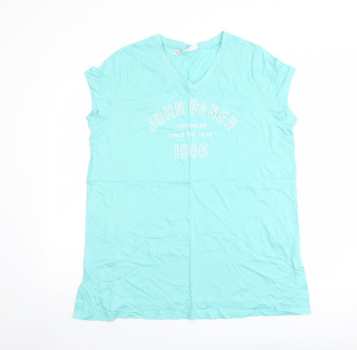 John Baner Womens Green Cotton Basic T-Shirt Size L V-Neck