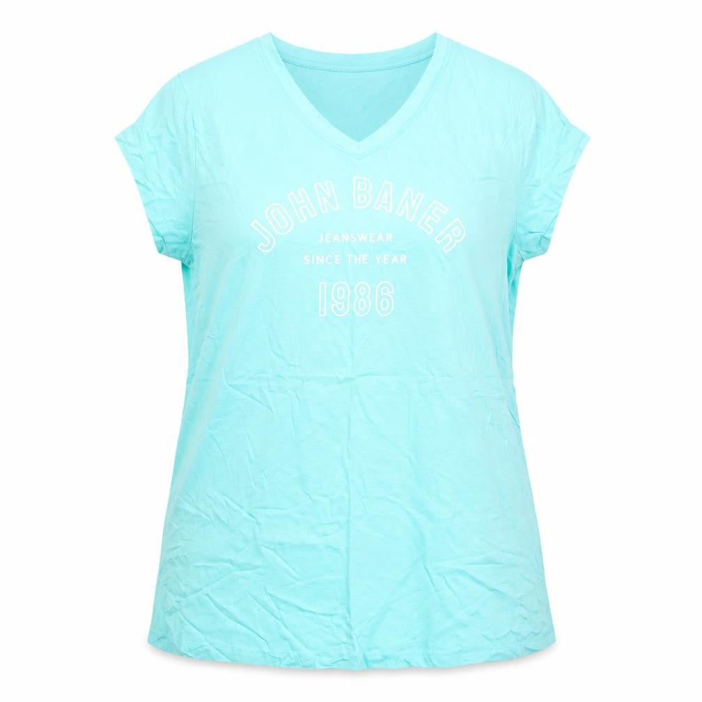Front view of John Baner women’s green cotton basic t-shirt, size L, v-neck