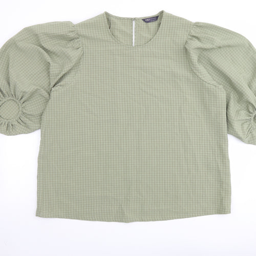 Marks and Spencer Womens Green Check Polyester Basic Blouse Size 20 Crew Neck - Puff Sleeve