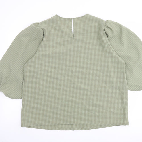 Marks and Spencer Womens Green Check Polyester Basic Blouse Size 20 Crew Neck - Puff Sleeve