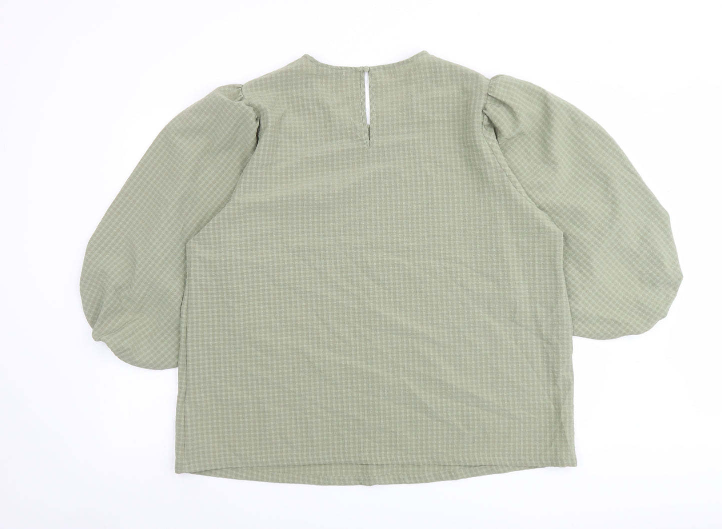 Marks and Spencer Womens Green Check Polyester Basic Blouse Size 20 Crew Neck - Puff Sleeve