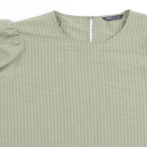 Marks and Spencer Womens Green Check Polyester Basic Blouse Size 20 Crew Neck - Puff Sleeve