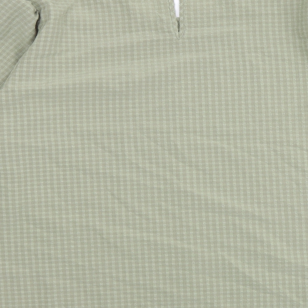 Marks and Spencer Womens Green Check Polyester Basic Blouse Size 20 Crew Neck - Puff Sleeve