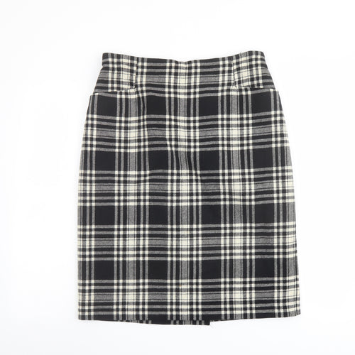 St Michael Womens Black Plaid Wool A-Line Skirt Size 16 Zip