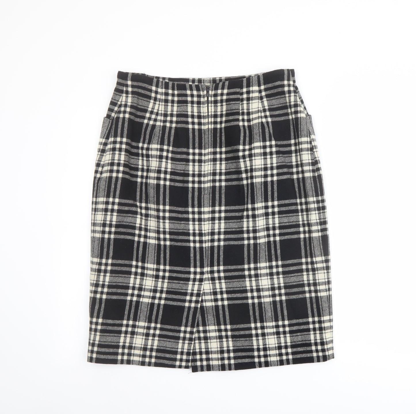 St Michael Womens Black Plaid Wool A-Line Skirt Size 16 Zip