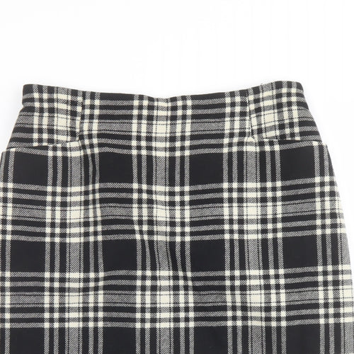 St Michael Womens Black Plaid Wool A-Line Skirt Size 16 Zip