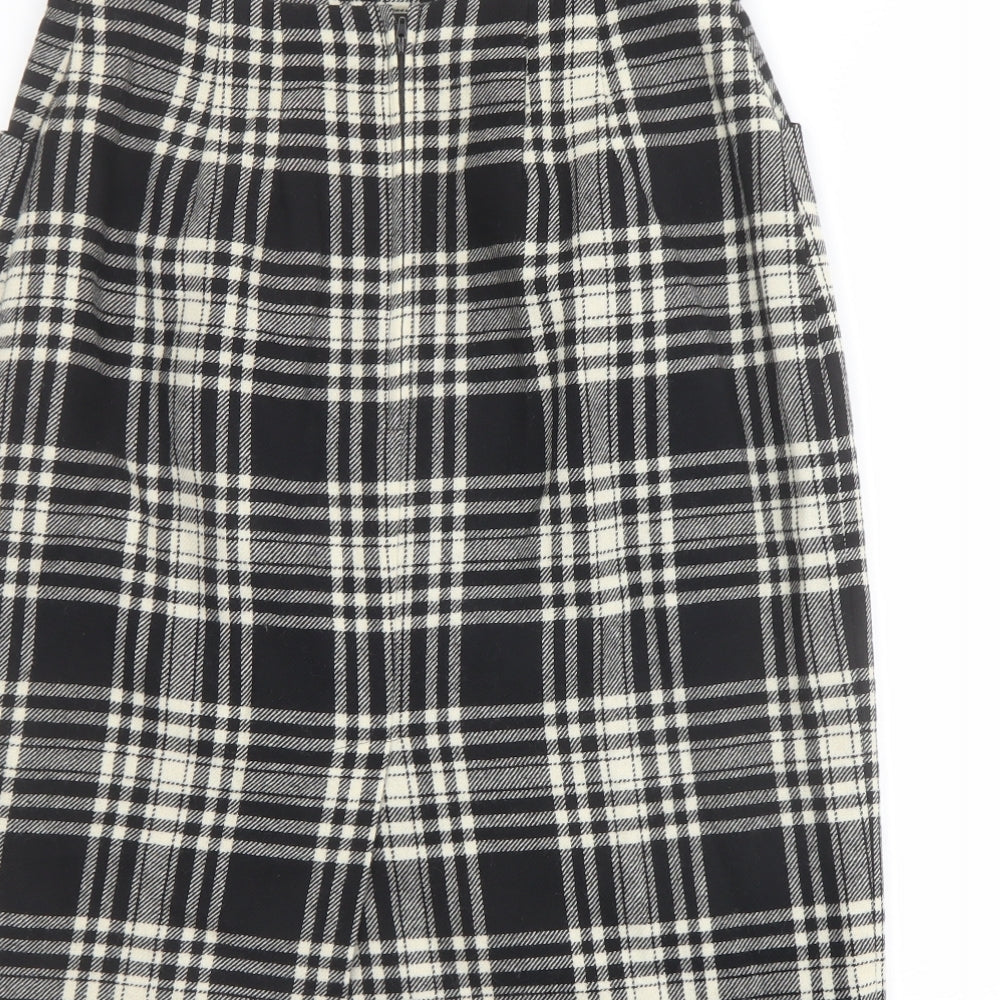 St Michael Womens Black Plaid Wool A-Line Skirt Size 16 Zip