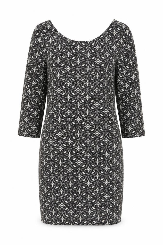 Front view of Red Herring women’s black geometric nylon shift, size UK 8, round neck pullover
