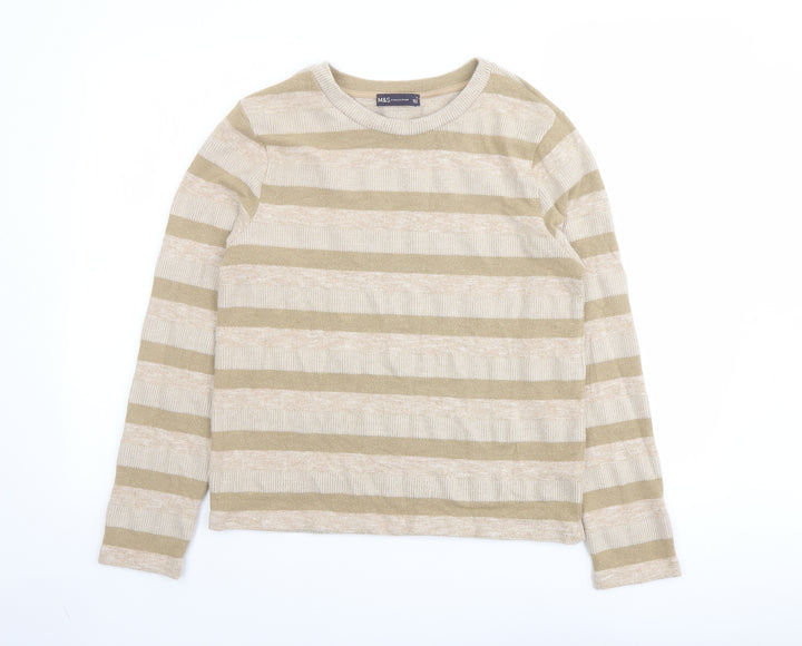 Marks and Spencer Womens Beige Round Neck Striped Polyester Pullover Jumper Size 14