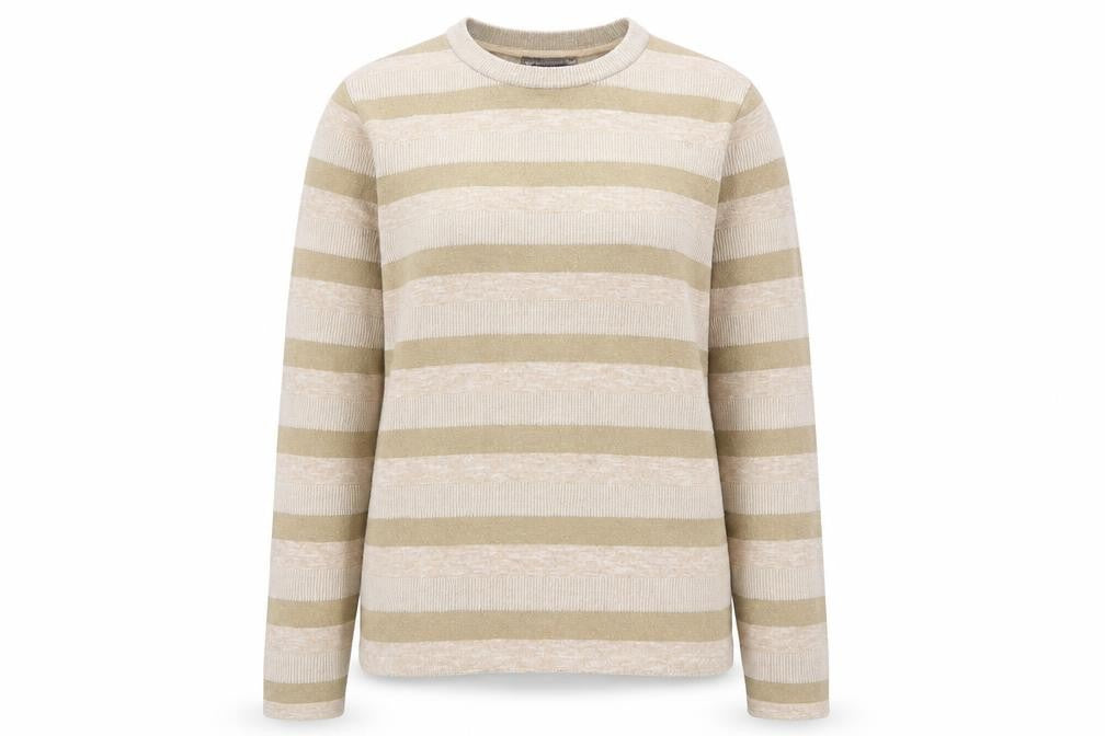 Front view of Marks & Spencer women’s beige round neck striped polyester jumper, size UK 14