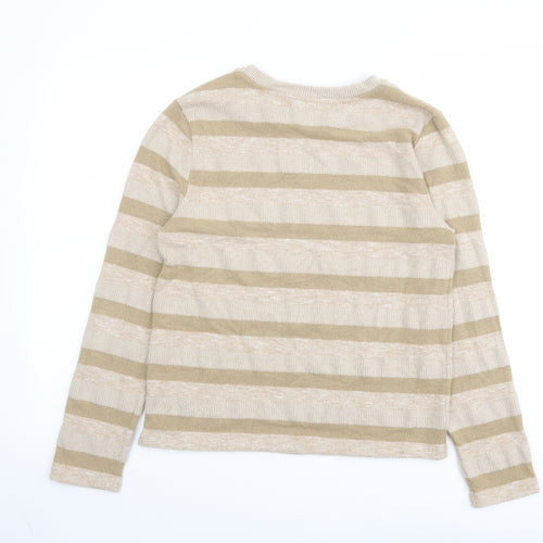 Marks and Spencer Womens Beige Round Neck Striped Polyester Pullover Jumper Size 14