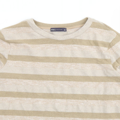 Marks and Spencer Womens Beige Round Neck Striped Polyester Pullover Jumper Size 14