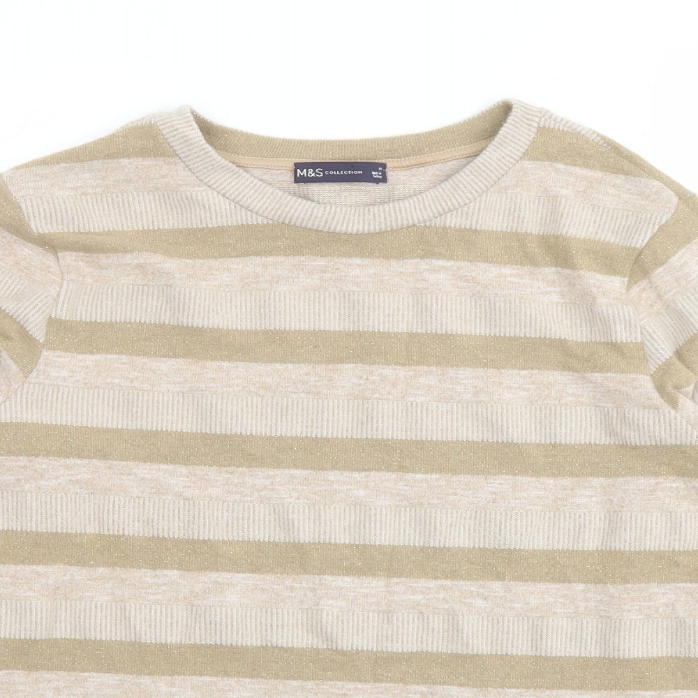 Marks and Spencer Womens Beige Round Neck Striped Polyester Pullover Jumper Size 14
