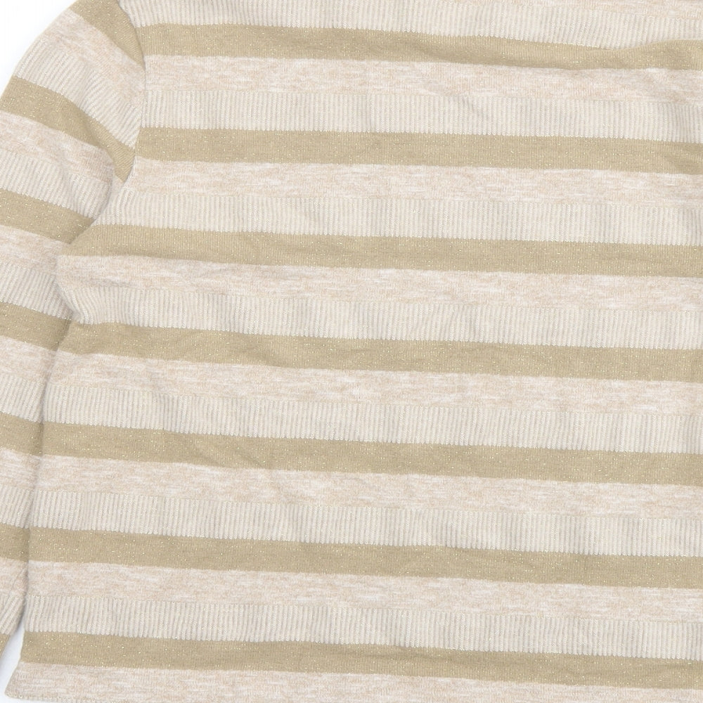Marks and Spencer Womens Beige Round Neck Striped Polyester Pullover Jumper Size 14