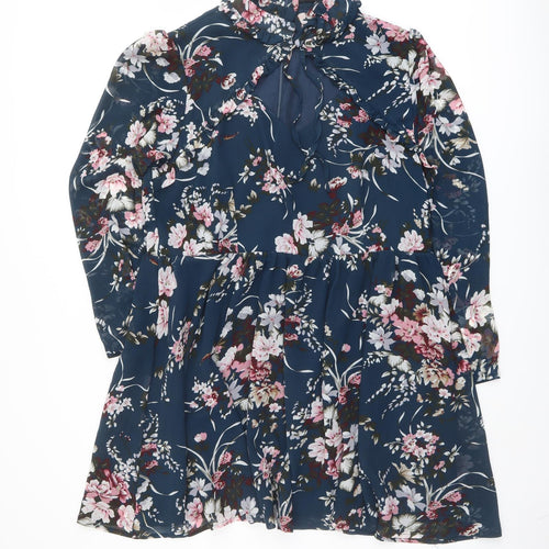 Boohoo Womens Blue Floral Polyester A-Line Size 22 Mock Neck Zip
