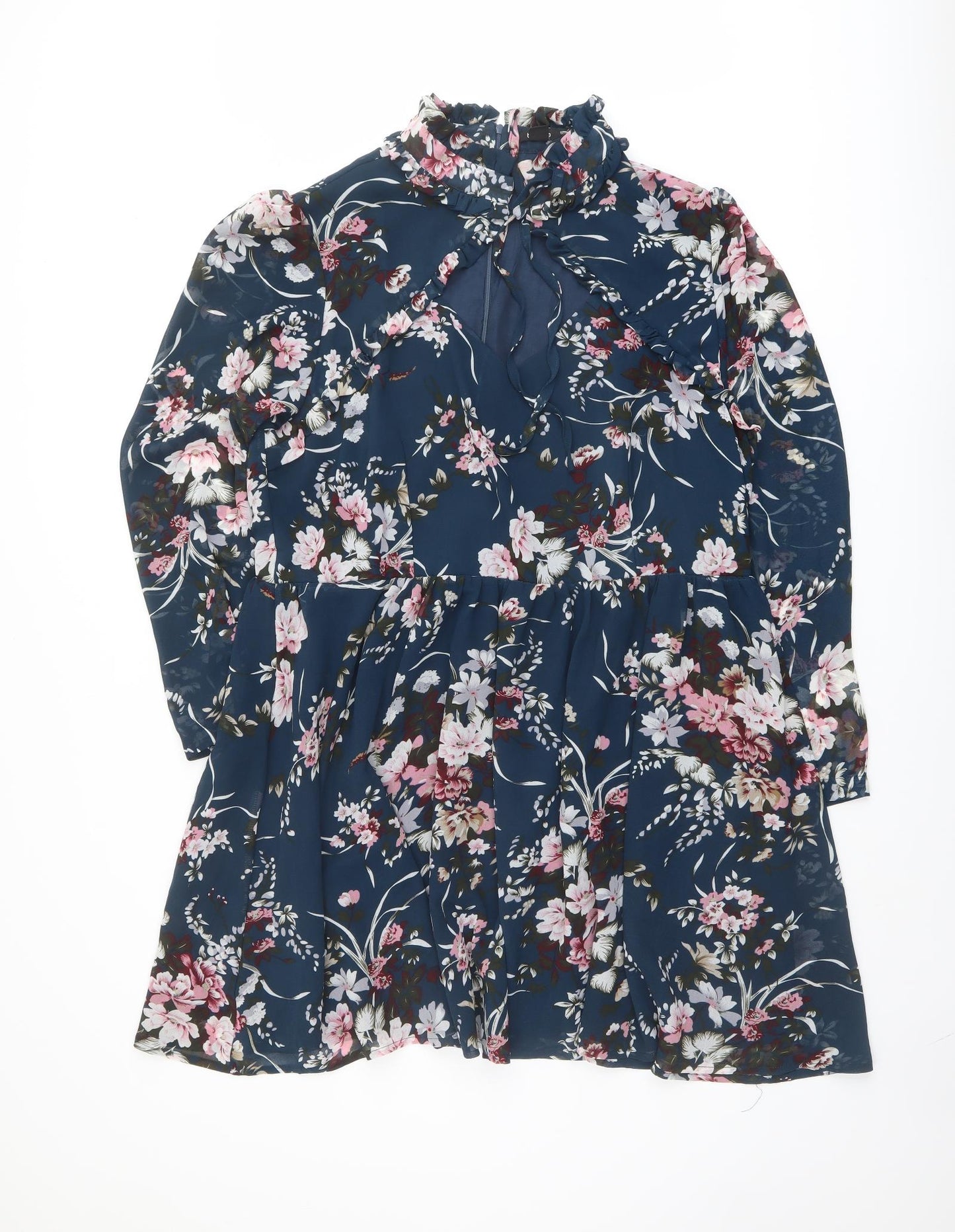Boohoo Womens Blue Floral Polyester A-Line Size 22 Mock Neck Zip