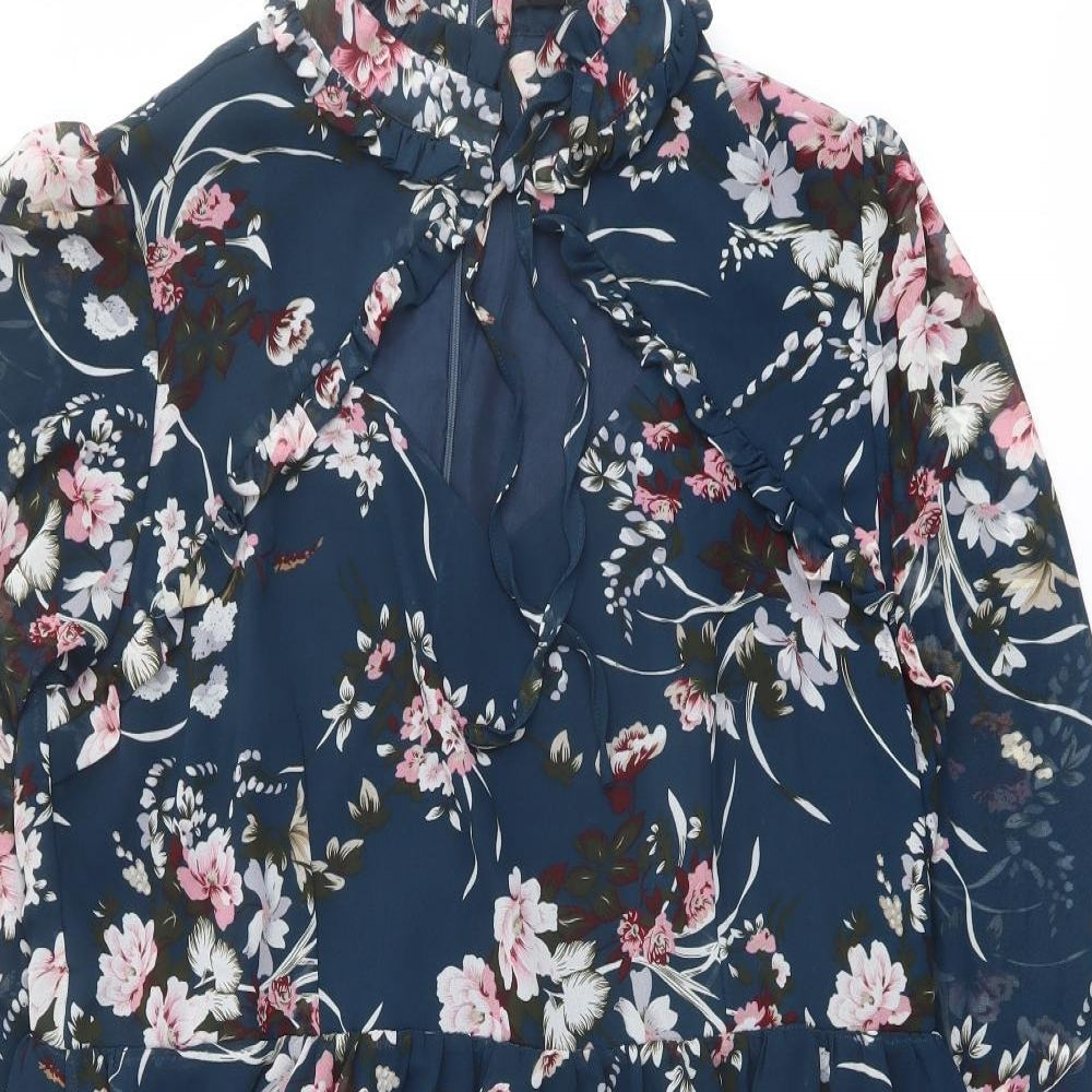 Boohoo Womens Blue Floral Polyester A-Line Size 22 Mock Neck Zip