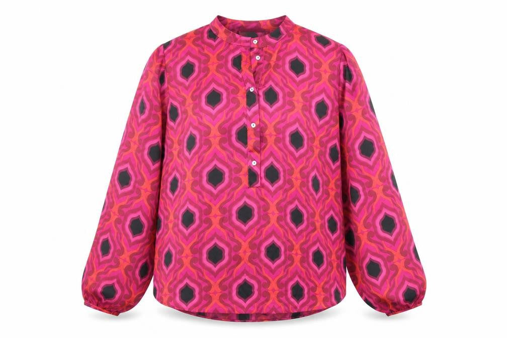 Front view of Gallery women’s pink geometric polyester basic blouse, size UK 6, round neck