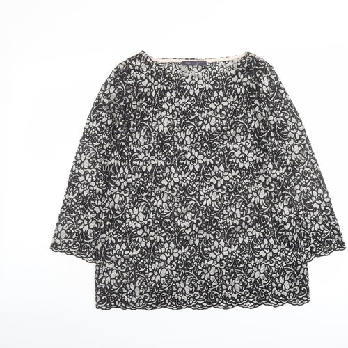 Marks and Spencer Womens Black Floral Polyamide Basic Blouse Size 12 Round Neck