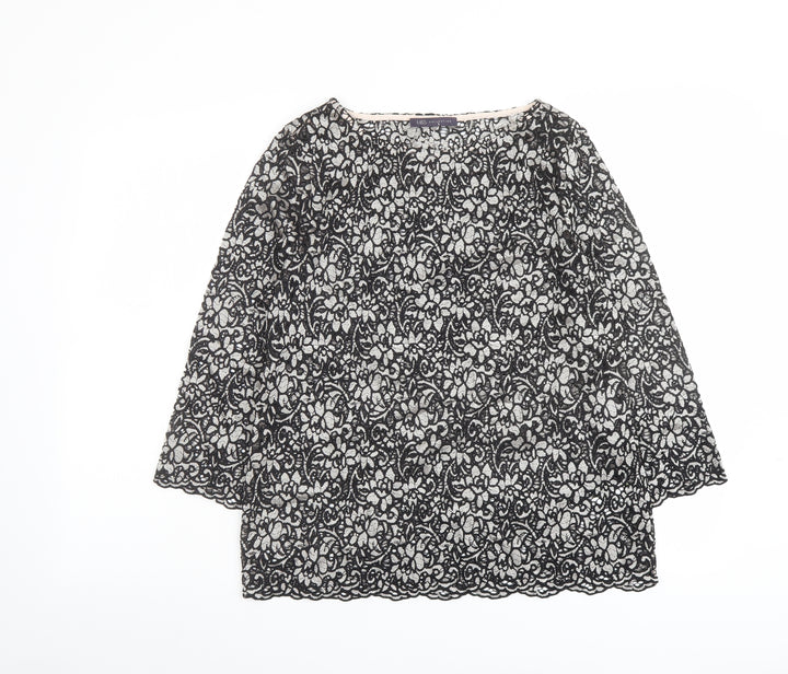 Marks and Spencer Womens Black Floral Polyamide Basic Blouse Size 12 Round Neck