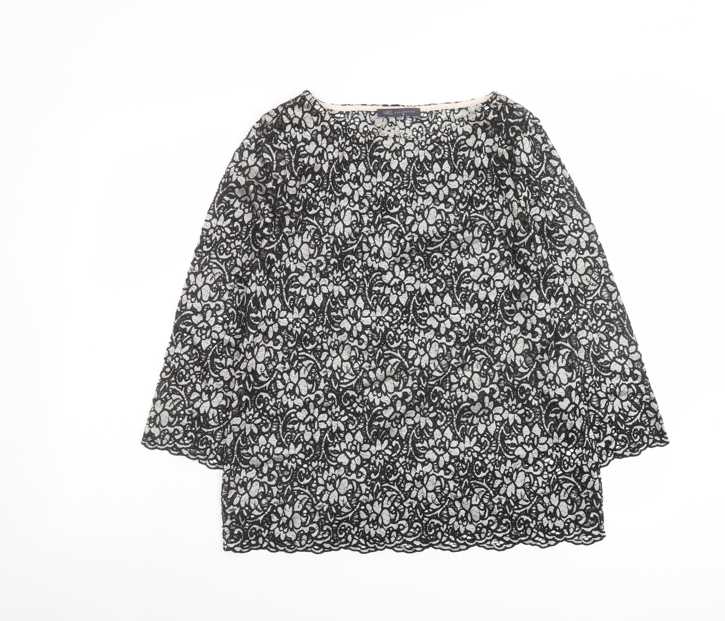 Marks and Spencer Womens Black Floral Polyamide Basic Blouse Size 12 Round Neck