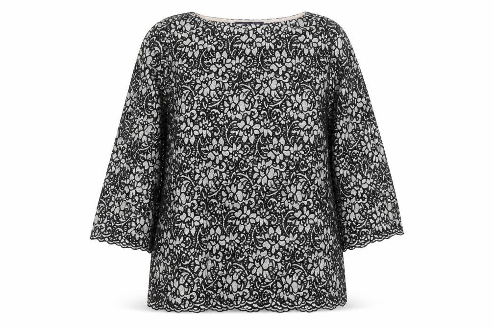 Front view of Marks & Spencer women’s black floral polyamide basic blouse, size UK 12, round neck