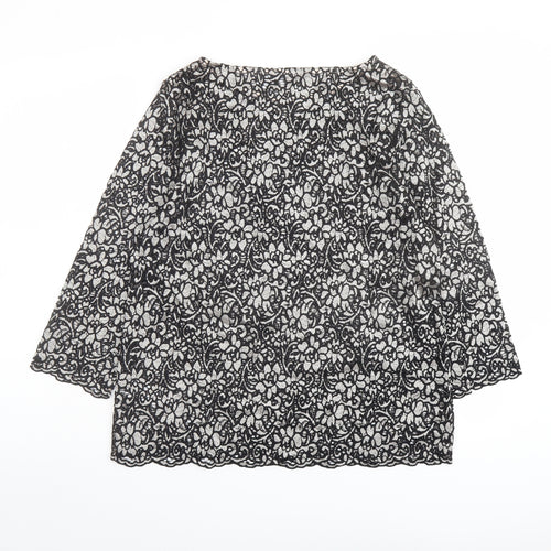 Marks and Spencer Womens Black Floral Polyamide Basic Blouse Size 12 Round Neck