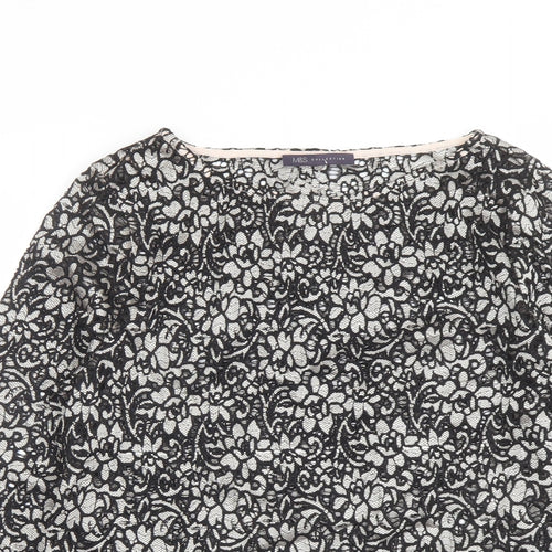 Marks and Spencer Womens Black Floral Polyamide Basic Blouse Size 12 Round Neck