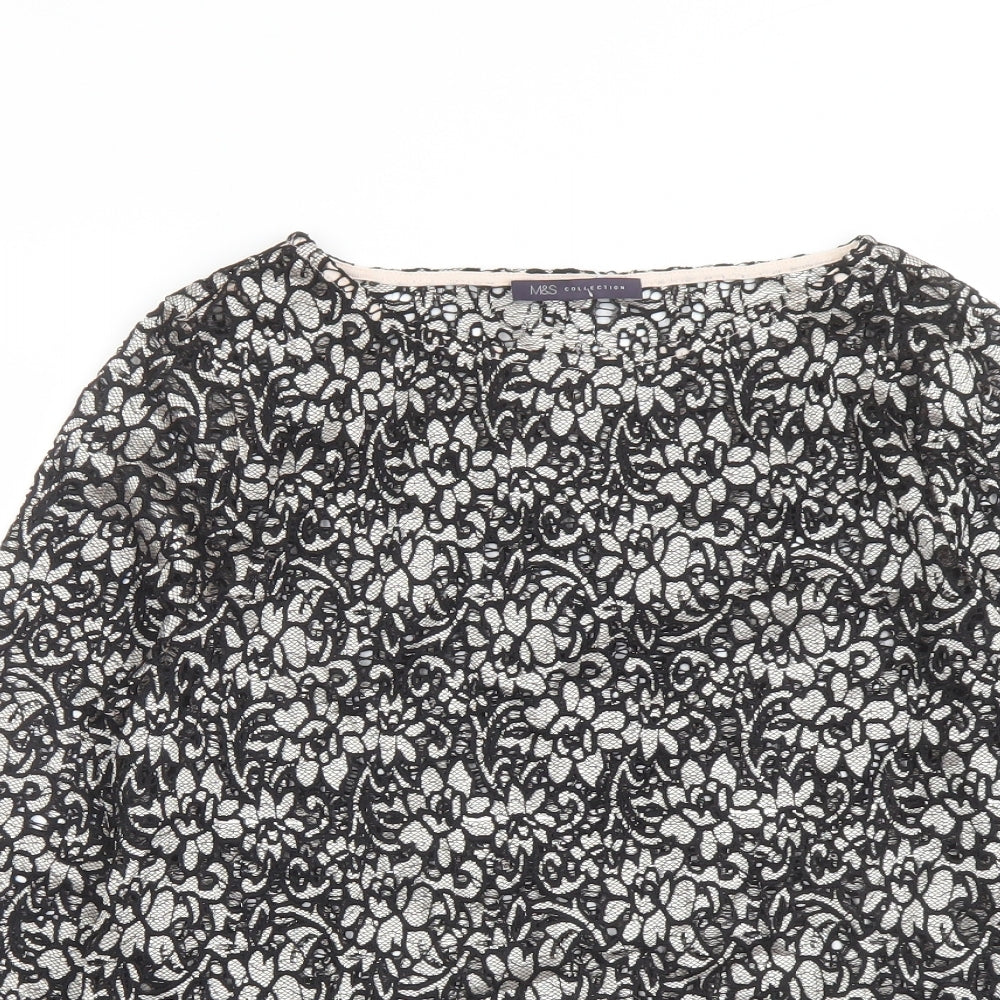 Marks and Spencer Womens Black Floral Polyamide Basic Blouse Size 12 Round Neck