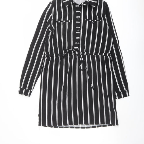 Missguided Womens Black Striped Polyester Shirt Dress Size 8 Collared Button