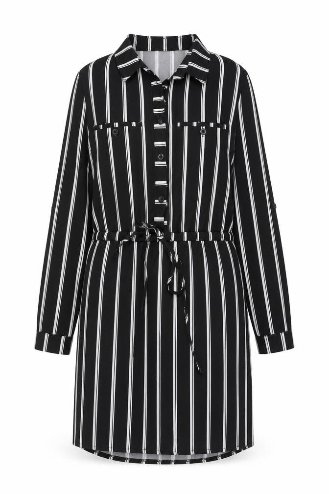 Front view of Missguided women’s black striped polyester shirt dress, size UK 8, collared button