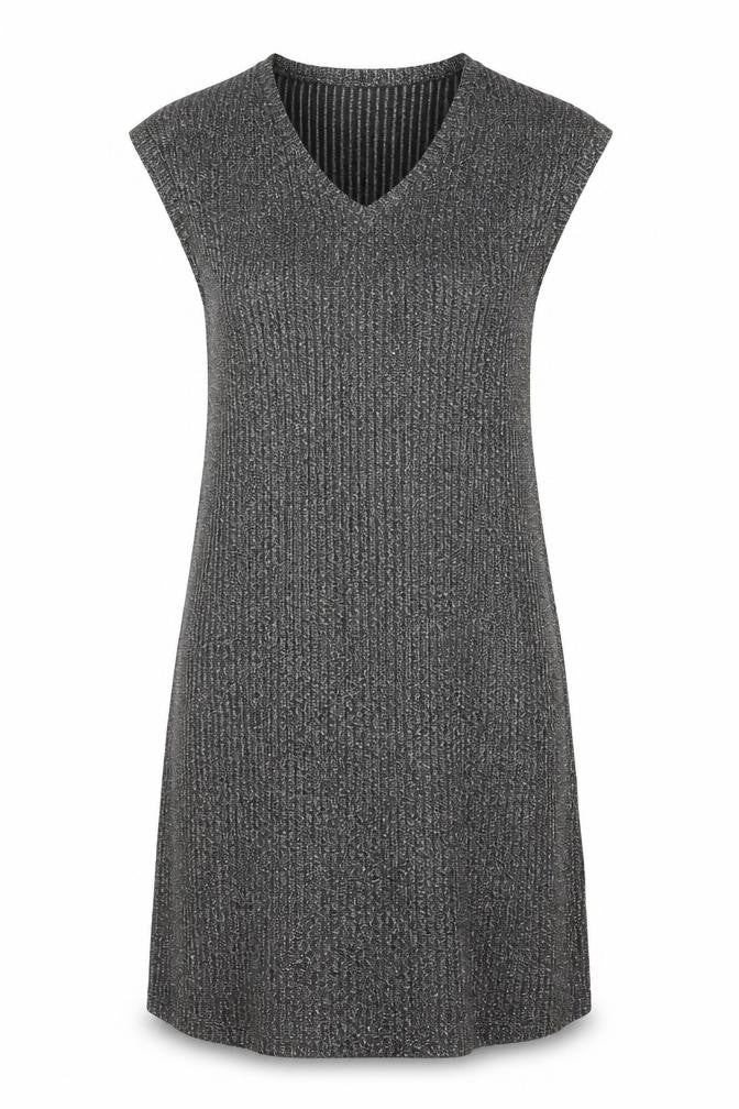 Front view of Limited Edition women’s silver polyester jumper dress, size UK 12, v-neck pullover