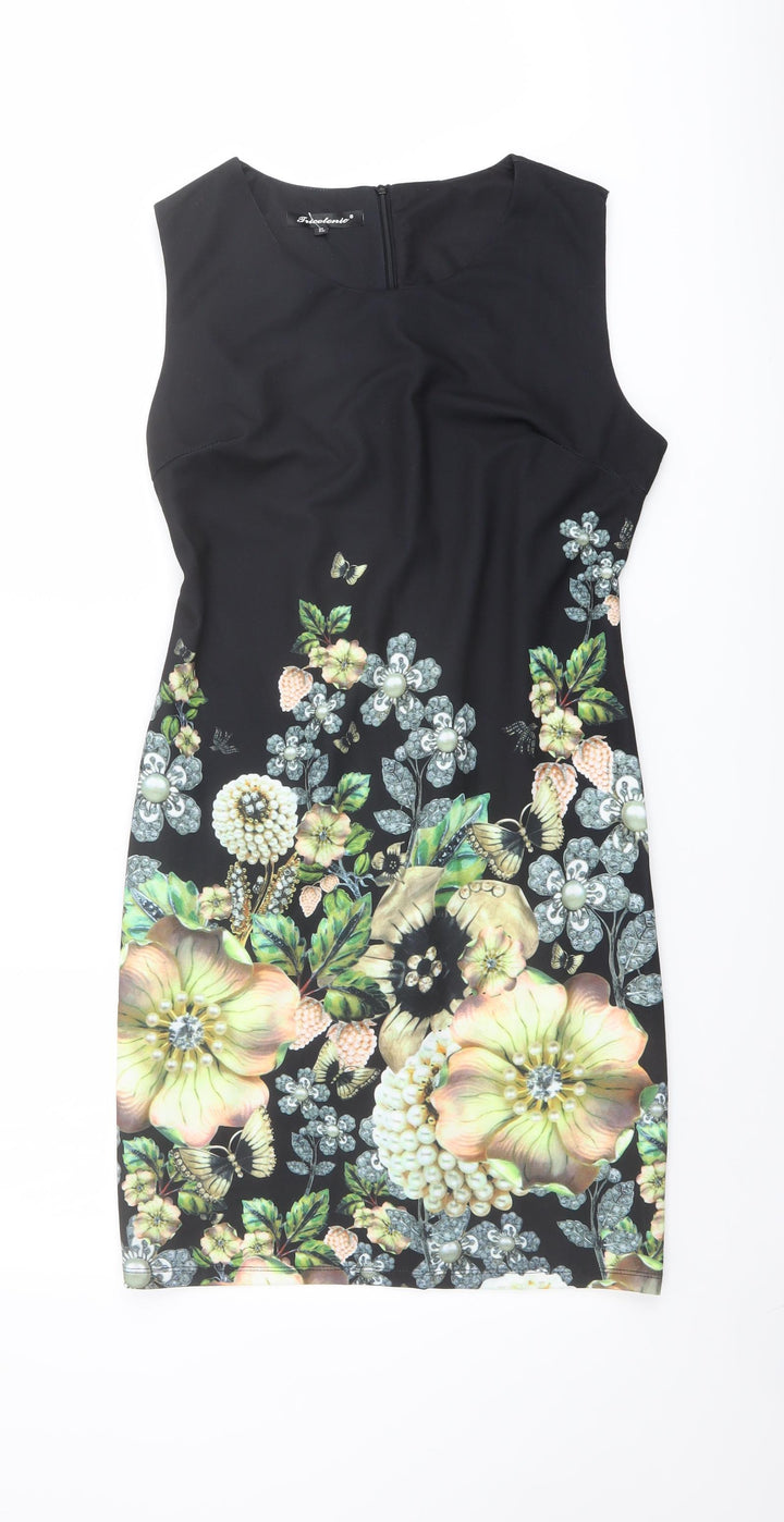 Tricotonic Womens Black Floral Polyester Shift Size XL Round Neck Zip