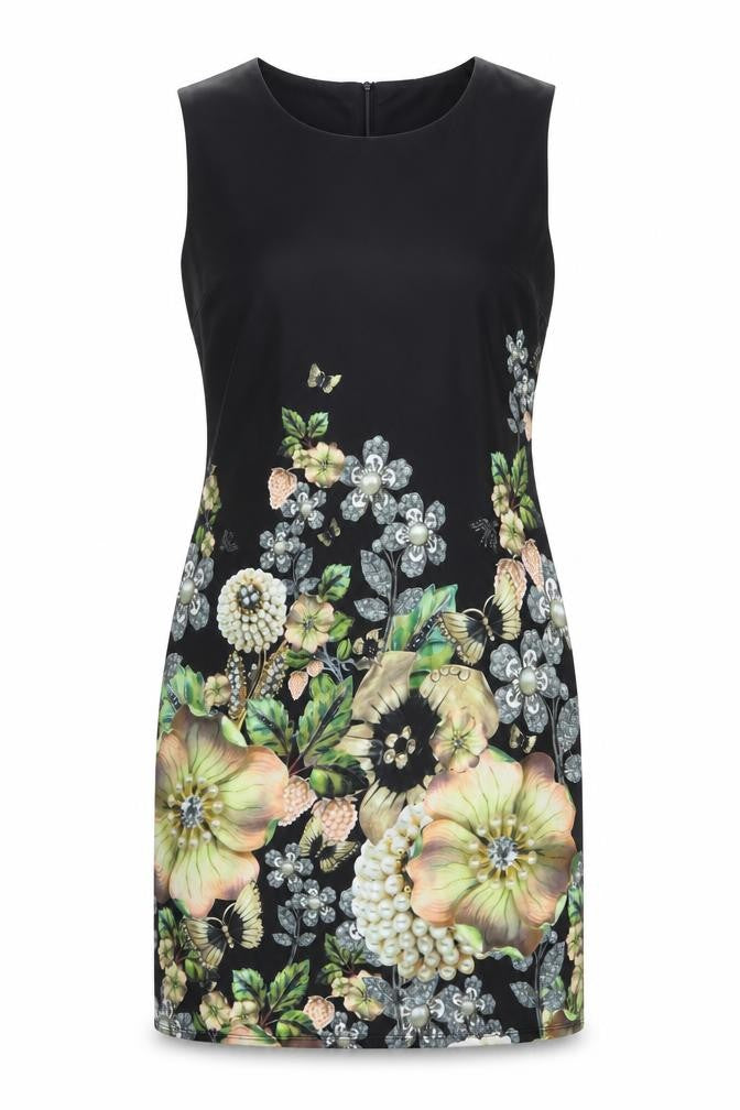 Front view of Tricotonic women’s black floral polyester shift, size XL, round neck zip