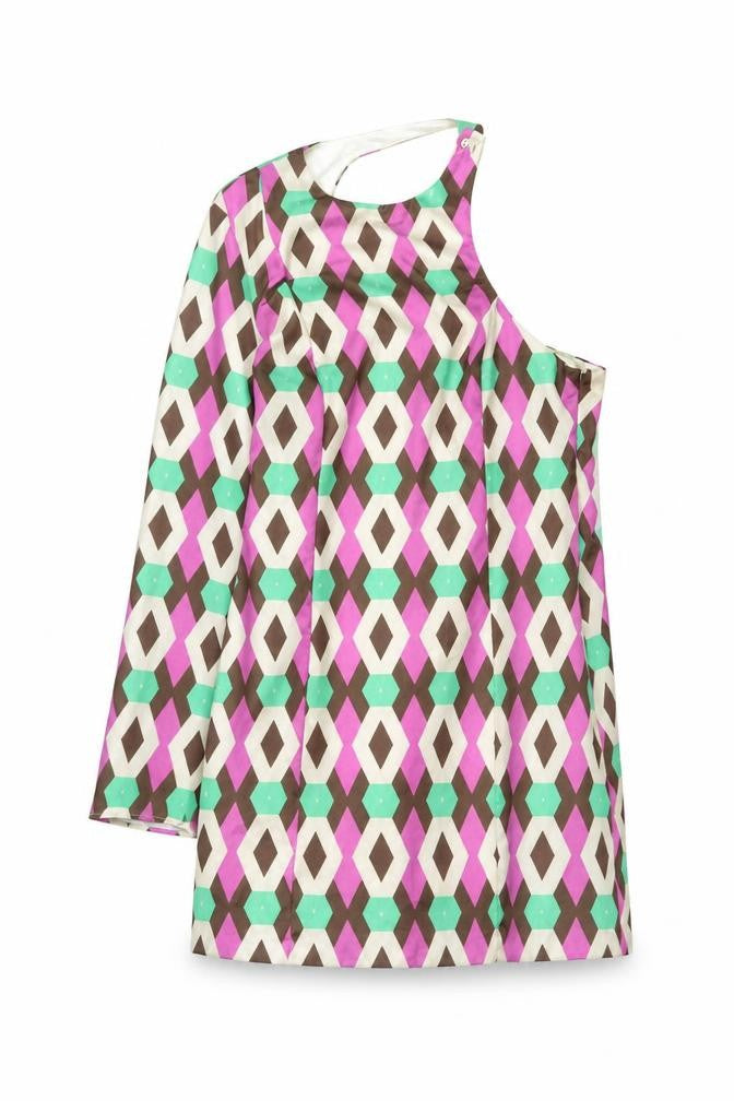 Front view of Zara women’s multicoloured geometric polyester mini, size M, one shoulder zip
